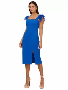 Adrianna Papell Royal Blue Midi Dress with Feather-Trim Straps